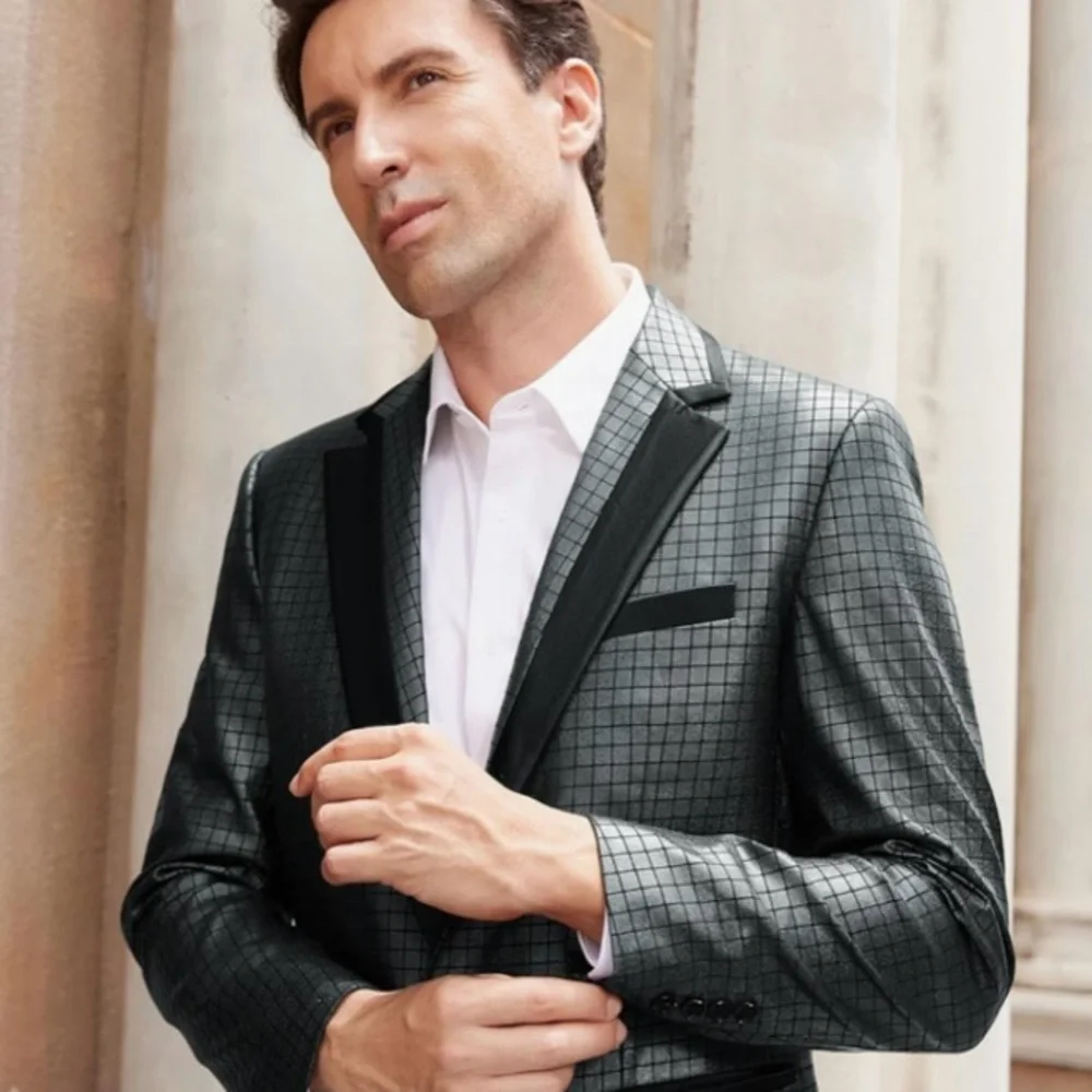 Men's Metallic Charcoal Gray Check Blazer - Tuxedo Jacket with Black Trim!